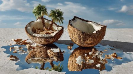 This imaginative image features split coconut shells with tiny trees growing inside, reflecting on a calm water surface under a bright blue sky, showcasing nature's beauty.の素材