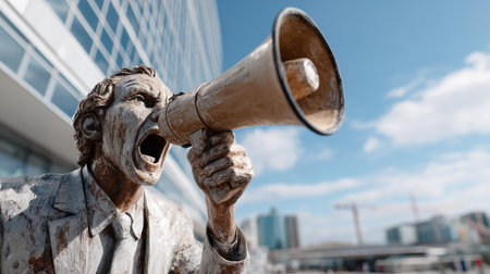 A striking outdoor sculpture of a man passionately shouting into a megaphone, symbolizing expression and advocacy in an urban setting.の素材