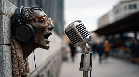A beautifully detailed sculpture of an elderly man with glasses and headphones is placed beside a vintage microphone, capturing the essence of urban artistry and music culture.の素材