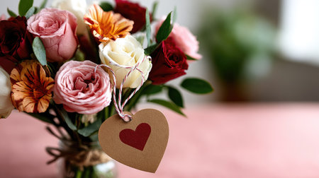A beautiful bouquet of various roses arranged in a charming setting, featuring a gift tag shaped like a heart, perfect for expressing love and warmth.の素材