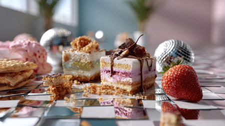A vibrant arrangement of colorful desserts including layers of cake, ice cream, strawberries, and shiny decorations displayed on a mirrored surface.の素材