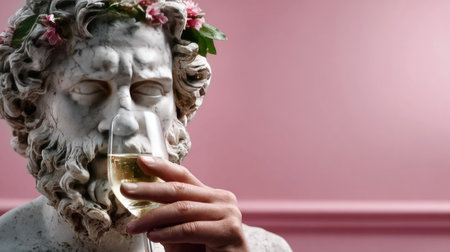 A beautifully crafted statue of a classical figure elegantly holding a glass of sparkling beverage, set against a soft pink background, radiating sophistication.の素材