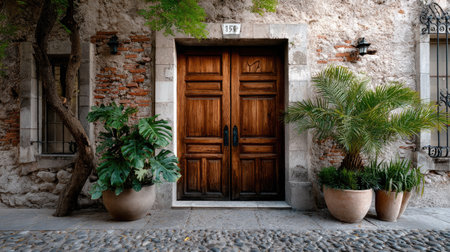 This image captures a charming entrance with ornate wooden doors flanked by lush potted plants against a textured stone wall, creating a tranquil atmosphere.の素材
