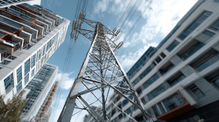 A striking urban scene showcasing an electrical tower alongside modern high-rise buildings, set against a vibrant blue sky with clouds.の素材