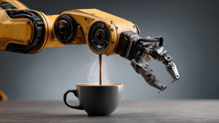 A captivating image of a robotic arm skillfully pouring hot coffee into a gray mug. The steam rises gracefully, emphasizing the intersection of technology and daily life.の素材