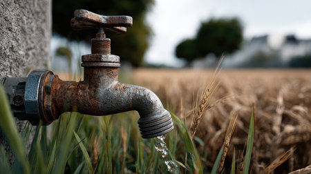 A close-up of a rusty faucet dripping water, set against a backdrop of a wheat field under a moody sky, showcasing rural beauty and agricultural life.の素材