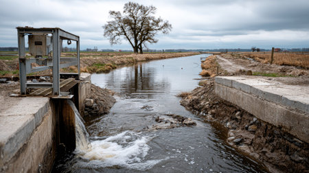 A serene rural scene featuring a concrete structure allowing water to flow into a calm river, showcasing a picturesque landscape with a single tree.の素材