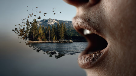 This captivating conceptual art piece features a human mouth from which nature flows, blending butterflies, trees, and mountains for a serene representation of expression and connection.の素材