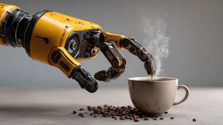A striking image of a robotic arm elegantly pouring coffee into a white cup surrounded by coffee beans, symbolizing the intersection of technology and daily routines.の素材