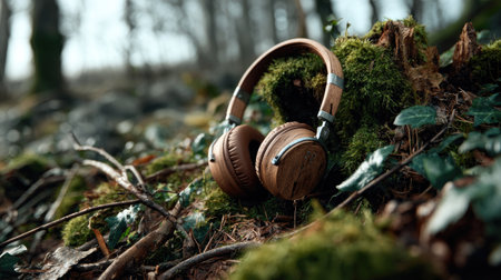 A pair of wooden headphones elegantly rests on vibrant green moss in a tranquil forest setting, reflecting a perfect blend of nature and technology.の素材