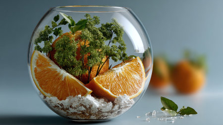 A vibrant arrangement featuring fresh orange slices nestled with lush green plants in a clear glass bowl, showcasing a beautiful blend of nature and aesthetics.の素材