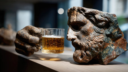 A striking still life featuring a vintage Greek sculpture holding a glass of beer, blending ancient art with contemporary themes in a modern space.の素材