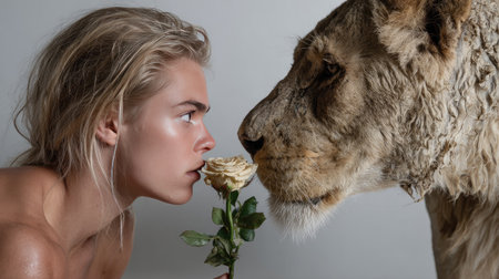 A captivating portrait of a woman and a lion sharing an intimate moment, featuring a white rose, showcasing the beauty of nature and wildlife.の素材