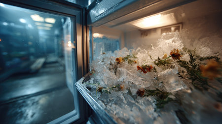 This captivating image features fresh flowers artfully immersed in ice, showcasing delightful colors and textures within a refrigerator setting.の素材