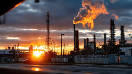 A stunning industrial sunset captures smoke rising from oil refineries against a dramatic sky, showcasing the intersection of technology and nature.の素材