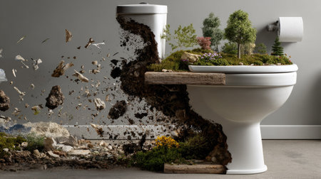 This striking image features a surreal toilet transforming into a lush landscape, symbolizing ecological impact. Natural elements blend with sanitation, creating a thought-provoking visual.の素材