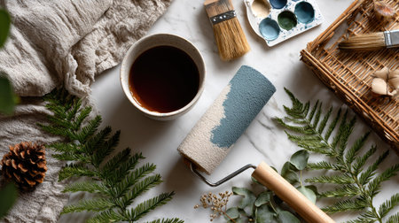 A serene creative workspace featuring a paint roller, coffee, brushes, and natural elements on a marble surface, ideal for artistic inspiration.の素材