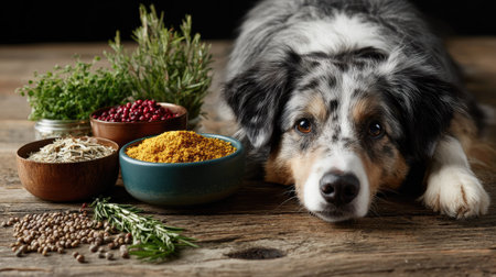 A serene dog rests on a rustic wooden table, surrounded by bowls of colorful spices and fresh herbs. The scene evokes warmth and culinary creativity.の素材
