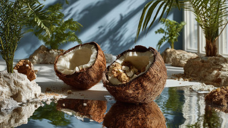Unique still life of coconut shells with reflections in water, surrounded by tropical plants and earthy textures, creating a serene atmosphere.の素材