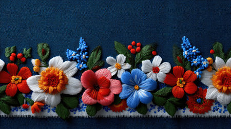 This image showcases a stunning piece of floral embroidery on dark fabric, featuring vivid flowers and detailed stitching, highlighting skillful craftsmanship.の素材