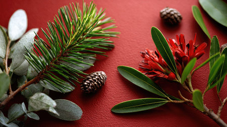 A stunning arrangement of green leaves, pine needles, and small pine cones against a rich burgundy background, showcasing natureの素材