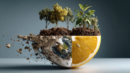 This imaginative artwork displays a vibrant orange halved, revealing a cross-section featuring trees, soil, and a miniature Earth, symbolizing nature's essence.の素材