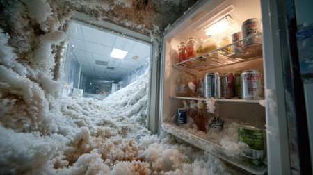 A captivating view of an abandoned fridge overflowing with ice and snow, showcasing winter chaos in an urban environment. The unique perspective reveals the contrast between the cold interior and the desolate surroundings, emphasizing nature's reclaiming power.の素材