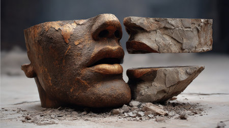 This artistic sculpture features a broken face composed of earthy tones and metallic accents, creating a thought-provoking exploration of identity and emotion.の素材