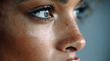 A captivating close-up portrait highlighting the natural beauty of a woman, featuring exquisite eye details and unique skin textures. The image captures a serene and confident expression, showcasing individuality and style.の素材