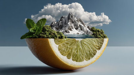 A surreal composition featuring a lemon half with vibrant green mint leaves, revealing a stunning mountain landscape, clouds, and crystal-clear water.の素材