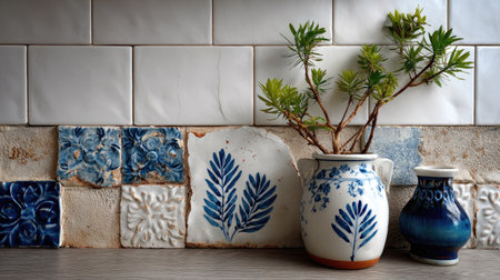 A stunning arrangement highlighting blue and white ceramics against textured tiles in a rustic kitchen. A green plant adds a vibrant touch, enhancing the home's aesthetic.の素材