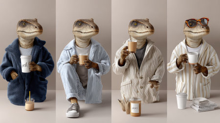 A whimsical depiction of a vibrant dinosaur character dressed in various cozy outfits, each enjoying a beverage. Ideal for creative projects.の素材