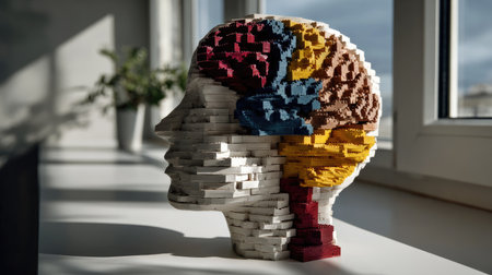 A creative sculpture of a human brain crafted from colorful building blocks showcases the connection between art and education. This artistic piece symbolizes imagination and thought processes, perfect for interior decoration or educational purposes.の素材