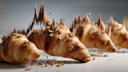 A visually stunning image of crispy croissants with sound waves rising, emphasizing texture and deliciousness, perfect for food and culinary projects.の素材