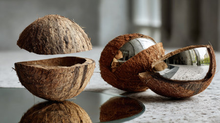 This image features brown coconut shells placed aesthetically on a reflective surface, capturing natural light and showcasing unique textures and shapes.の素材