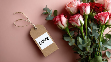 A stunning floral arrangement featuring pink roses and lush greenery, accompanied by a tag labeled "Love" on a soft pink background, perfect for romantic occasions.の素材
