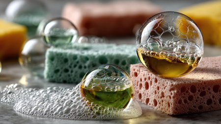 Close-up of vibrant sponges with bubbles and oil droplets on a textured surface. This image highlights cleanliness, sanitation, and colorful design, ideal for cleaning product visuals.の素材