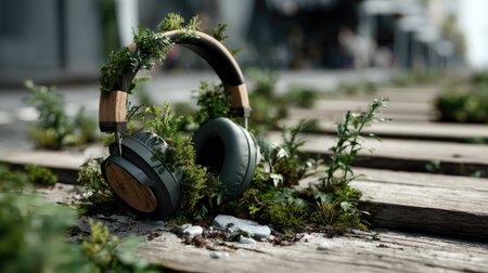 A striking image of headphones nestled in vibrant greenery on a wooden pathway, showcasing the harmony between technology and nature in an urban setting.の素材