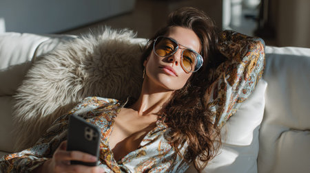 A serene moment captured featuring a relaxed woman lounging on a stylish couch, wearing sunglasses and checking her phone in a bright living room.の素材
