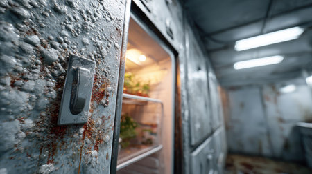 A worn, rusty fridge stands open to reveal spoiled vegetables in a dimly lit environment, capturing a sense of neglect and abandonment in urban decay.の素材