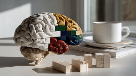 A vibrant model of a human brain sits on a table beside a white coffee cup and wooden blocks, illuminated by soft natural light, evoking creativity.の素材