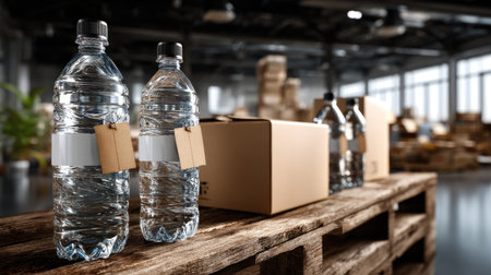 A serene scene featuring clear plastic bottled water arranged on a wooden pallet in a warehouse, with cardboard boxes in the background, highlighting storage and logistics.の素材