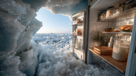 An unusual scene featuring an open refrigerator in an ice cave, revealing a breathtaking ocean view. The icy surroundings and thoughtful arrangement highlight the contrast between modern convenience and the captivating beauty of the frozen landscape.の素材