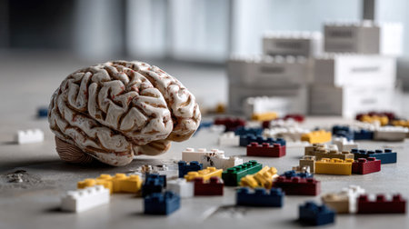 This image showcases a brain model surrounded by colorful plastic building blocks, representing the interplay of creativity and cognitive function in a modern workspace.の素材