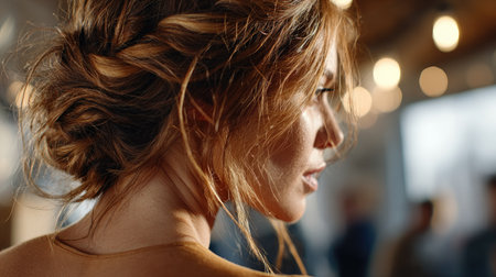 A beautiful profile of a young woman with an elegant updo, captured in a soft focus setting filled with warm ambient light and bokeh effects.の素材