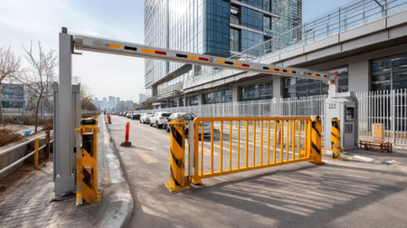 A modern security gate with a yellow barrier marks the entrance to a contemporary business complex, showcasing urban architecture and safety features.の素材