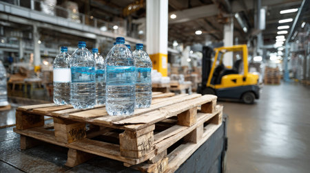 This image features clear bottles of water arranged on a wooden pallet in a spacious warehouse. A forklift is visible in the background, showcasing an industrial setting.の素材