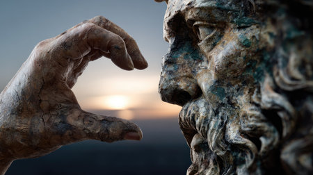 A striking close-up captures a human hand creating a heart shape as it interacts with an ancient sculpture. This unique moment at sunset reflects the beauty of art and connection to history.の素材