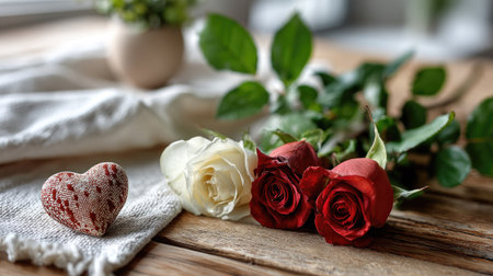 This captivating image features an arrangement of elegant red and white roses adorned with a charming heart decoration, set on a rustic wooden table. Ideal for conveying emotions of love and romance in various contexts.の素材