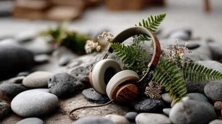 A trendy headphone placed artistically among smooth stones and lush ferns, creating a serene atmosphere perfect for music lovers and design enthusiasts.の素材